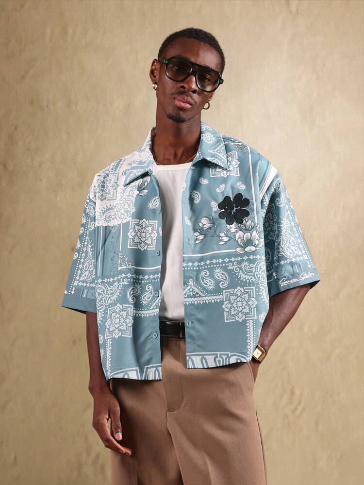 Casual Bandana Print Button Down Short Sleeve Shirt