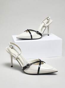 SHUZIA Women's High Heel Pointed Toe, Elegant Patent Faux Leather Fashionable Buckled Back Strap Pumps For Christmas Valentine's Day - White - View 1