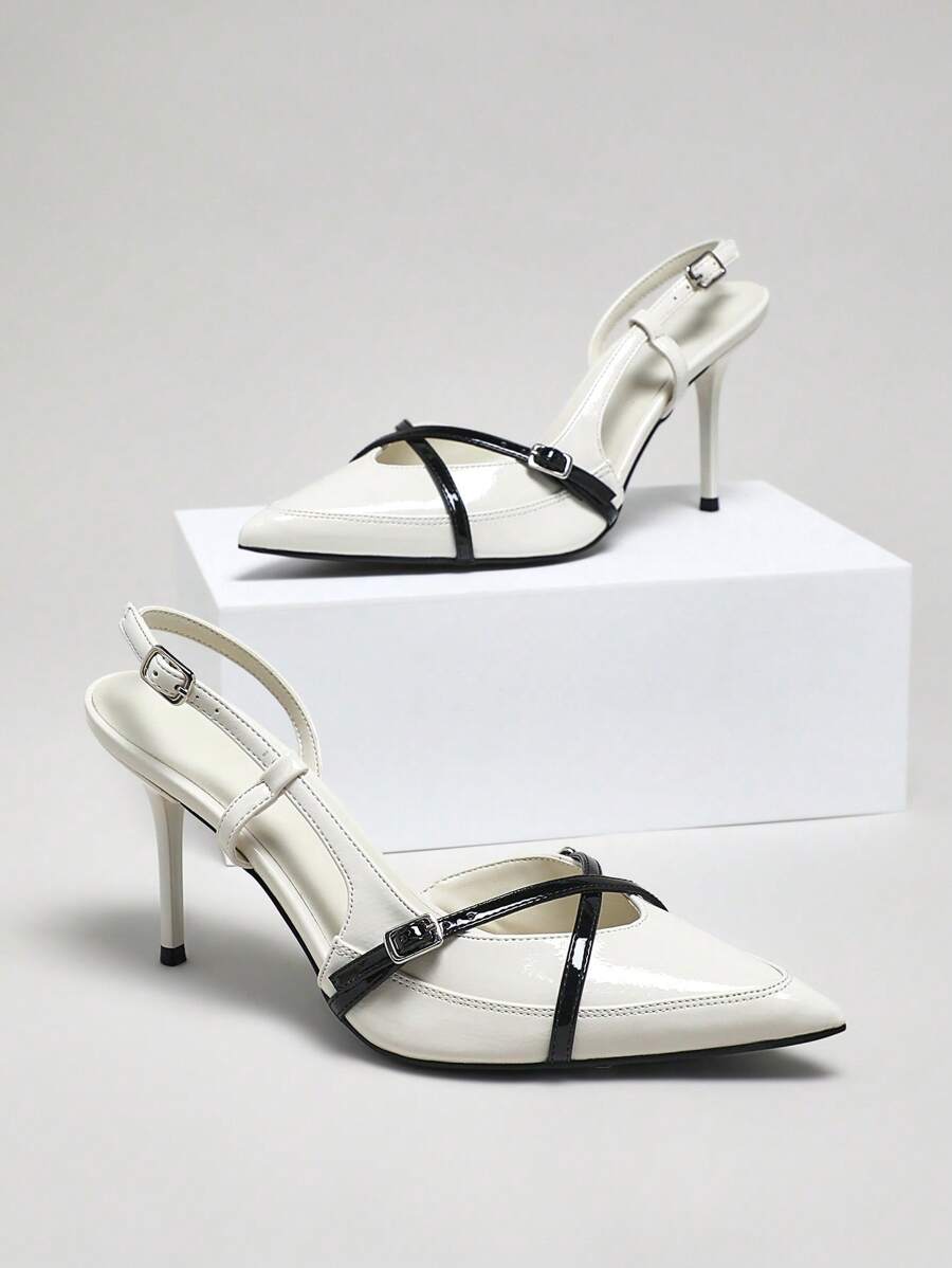 SHUZIA Women's High Heel Pointed Toe, Elegant Patent Faux Leather Fashionable Buckled Back Strap Pumps For Christmas Valentine's Day - White - View 1