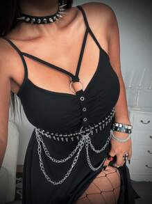Whyspr Vestido de vacaciones punk de talla grande con volantes asimétricos y decoración de cadena estilo grunge punk - Negro - Ver 2