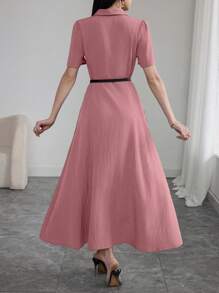 Modelyn Collared Wrinkly Contrast Lace Ruffle Hem Dress - Pink - View 4
