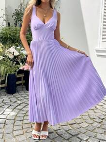 SHEIN LUNE Vestido largo sin mangas de unicolor casual con pliegues en la espalda y lazo de moño, adecuado para viajar, uso diario, verano - Púrpura malva - Ver 7