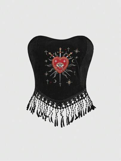 Goth Gotischer Palast Stil Damen Crop Top mit bestickten Perlen, Strass Tränen und Stern Verzierung