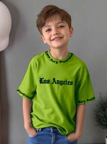 SHEIN Boy's Casual Funny English Letter Graphic Round Neck Short Sleeve T-Shirt, Suitable For Daily Wear, School, Outings, Sports, Spring/Summer Season - Green - View 5
