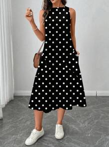 SHEIN LUNE Women Casual Midi Polka Dot Print Dress, Suitable For Spring/Summer Vacation Dress Suitable For Going Out Chic Dress