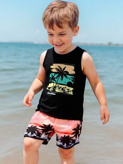 SHEIN Camiseta sin mangas con estampado gráfico tropical cool y con estilo para niño pequeño, adecuado para vacaciones de verano, playa, actividades al aire libre
