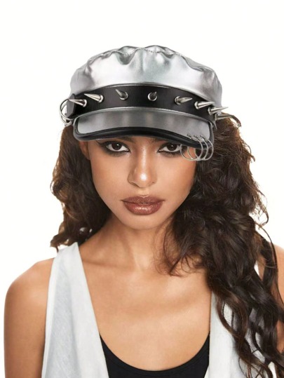 Grunge Punk Women's Silver Stud Punk Style Beret Hat