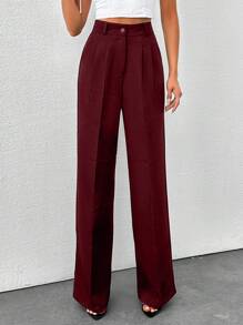 SHEIN Tall 高腰女式纯色阔腿裤 - 酒紅色 - 查看 5