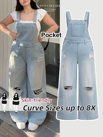 SHEIN CURVE+ 大码女式口袋破洞阔腿宽松休闲百搭牛仔连体裤