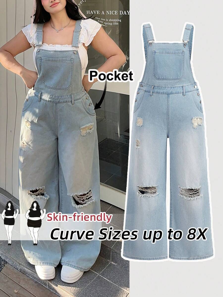 SHEIN CURVE+ Plus Size Women Pocket Distressed Wide Leg Loose Casual Versatile Denim Jumpsuit - Light Wash - View 1