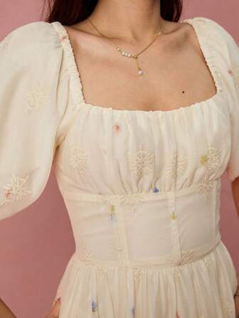 Enchnt 女士方领泡泡袖松紧腰优雅长裙，夏季