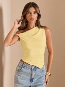 SHEIN BAE Women's Summer Beach Vacation Elegant Elastic Asymmetrical Collar Top Concert Costume Performance Costume Music Festival Costume, Concert Women, Country Concert, Clubs, Sexys - Yellow - View 7