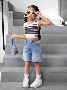 SHEIN Young Girls Y2K Pockets Loose Casual Retro Denim Shorts For Spring And Summer Casual Vacation - Light Wash - View 3