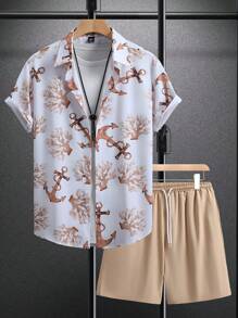 Manfinity RSRT 2 件男士 Anchor & Coral 休闲度假短袖衬衫和短裤套装男士度假服男士度假服 Anchor 衬衫珊瑚衬衫男士夏季服装 - 卡其色 - 查看 3