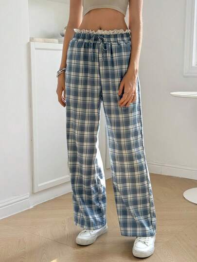 Jouncy 格纹蕾丝拼接甜美长裤，春夏