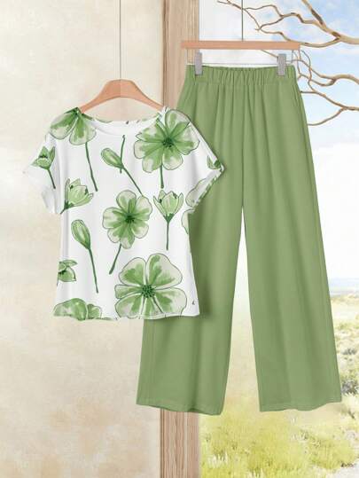 Rusticease 2pcs/Set Women Floral Printed Fitted Vacation Outfit, Suitable For Summer Suitable For Going Out