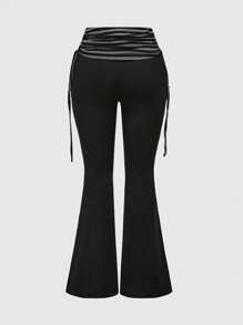 ROMWE 2pcs/Set Women Sexy Letter Rhinestone Leopard Print Strapless Drawstring Crop Top And Pants Set