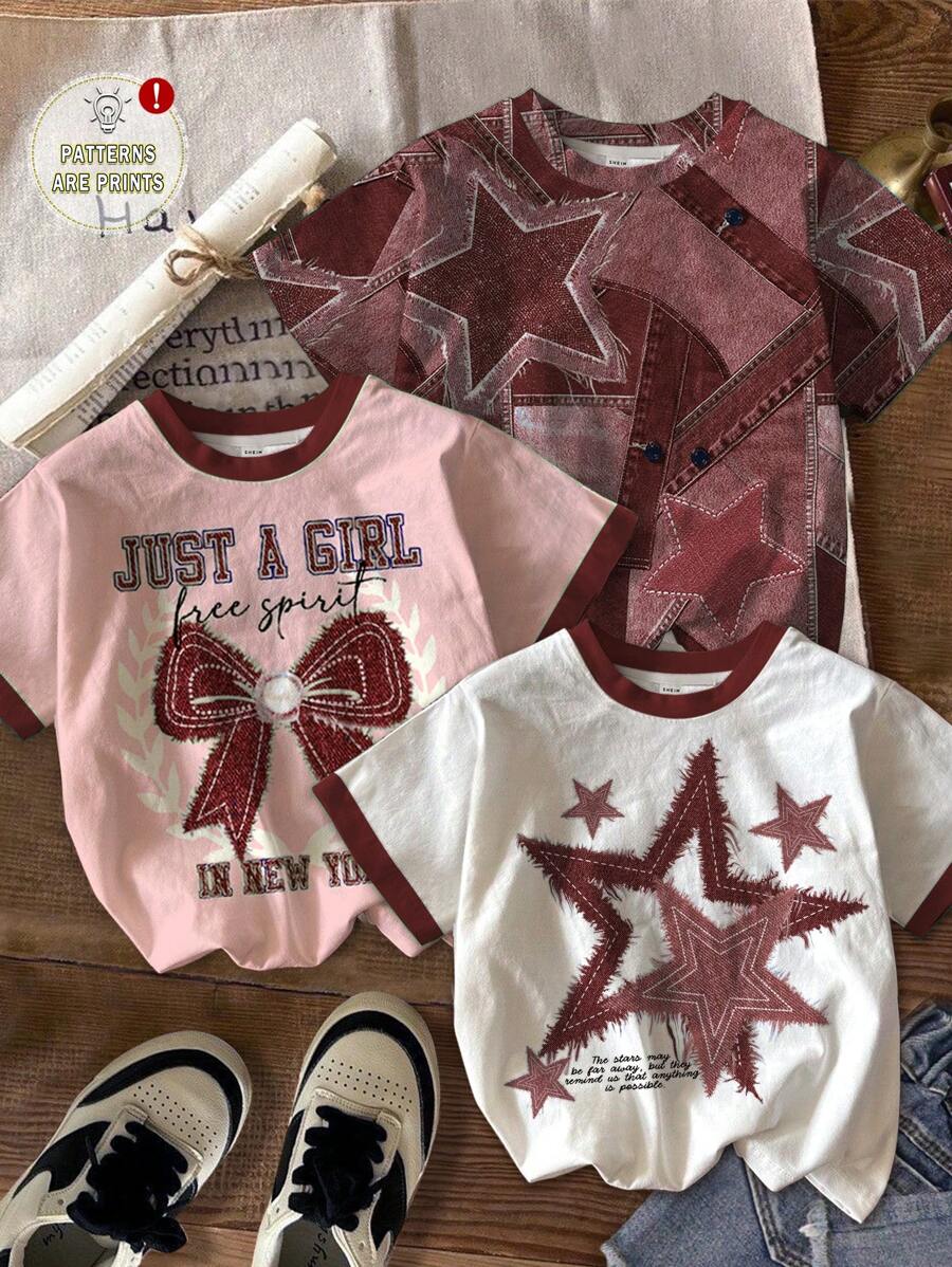 4pcs/Set Tween Girls' Casual Simple Short Sleeve Round Neck T-Shirts, Suitable For Summer - Multicolor - View 1