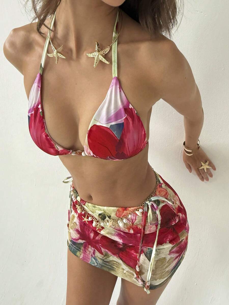 Aloruh 3pcs/Set Women Red Floral Print Halter Tie Bikini Top,Triangle Bottoms & Mini Skirt Summer,Casual,Vacation,Holiday Beach Outfits Boho Tropical Clothe - Yellow - View 1