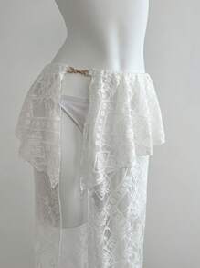 SHEIN Unity Women's Casual Vacation Lace Metallic Button Skirt, Spring & Summer - White - View 5