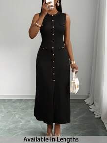 SHEIN PETITE CURVE 大码无袖圆领连衣裙，夏季时尚 - 黑色 - 查看 1