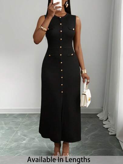 SHEIN PETITE CURVE Plus Size Sleeveless Round Neck Dress, Fashionable For Summer,Business Casual Woman Black Button Down Dress Black Elegant Dress Casual Long Dress Ankle Length Dress Button Dress