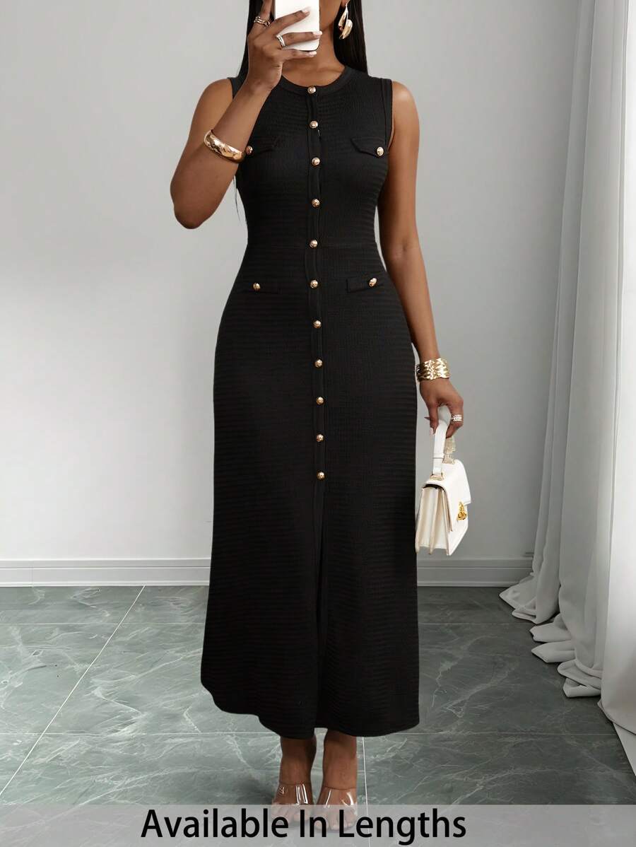 SHEIN PETITE CURVE 大码无袖圆领连衣裙，夏季时尚 - 黑色 - 查看 1