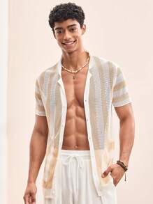 Manfinity VCAY Men Hollow Out Colorblock Fitted Short Sleeve Knitted Cardigan, Casual, For Fall Winter - Apricot - View 4