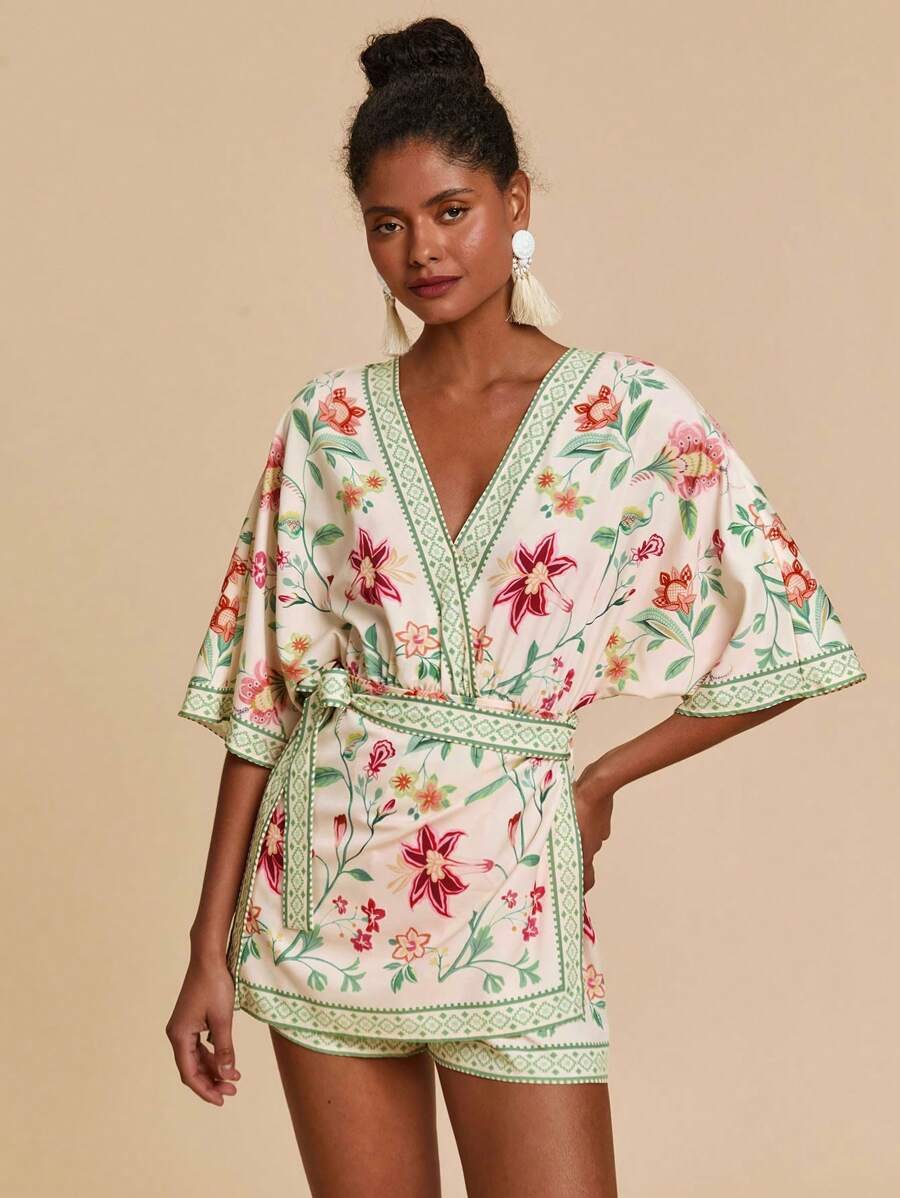 Travachic 女式梭织印花短袖连体裤，宽松版型，女式夏季服装，沙滩装，春夏装，复活节，节日服装，女士沙滩装，春假，女士度假服装，女士演唱会服装，波西米亚风，波西米亚风，音乐节，美国独立日服装，热带度假女装 - 米色 - 查看 1