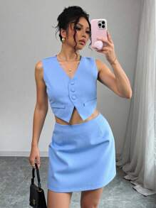 Chiquease 2Pcs Women's Set: Sleeveless Top With Button Detail + A-Line Skirt - Blue - View 1