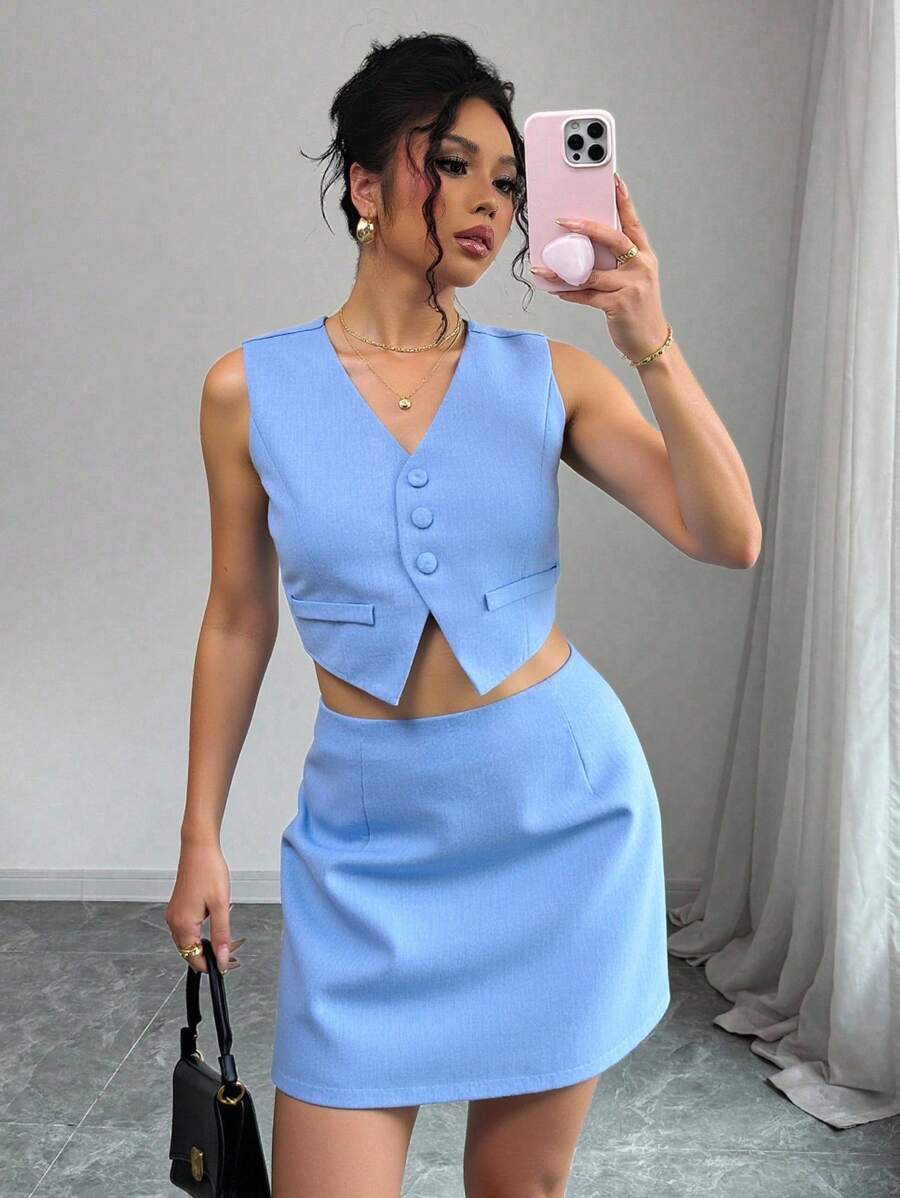 Chiquease 2Pcs Women's Set: Sleeveless Top With Button Detail + A-Line Skirt - Blue - View 1