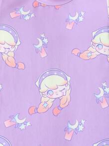 Pop Mart Azura X SHEIN Baby Girl Cartoon Pattern Dreamy & Cute Kid-Inspired Purple Short Sleeve Romper