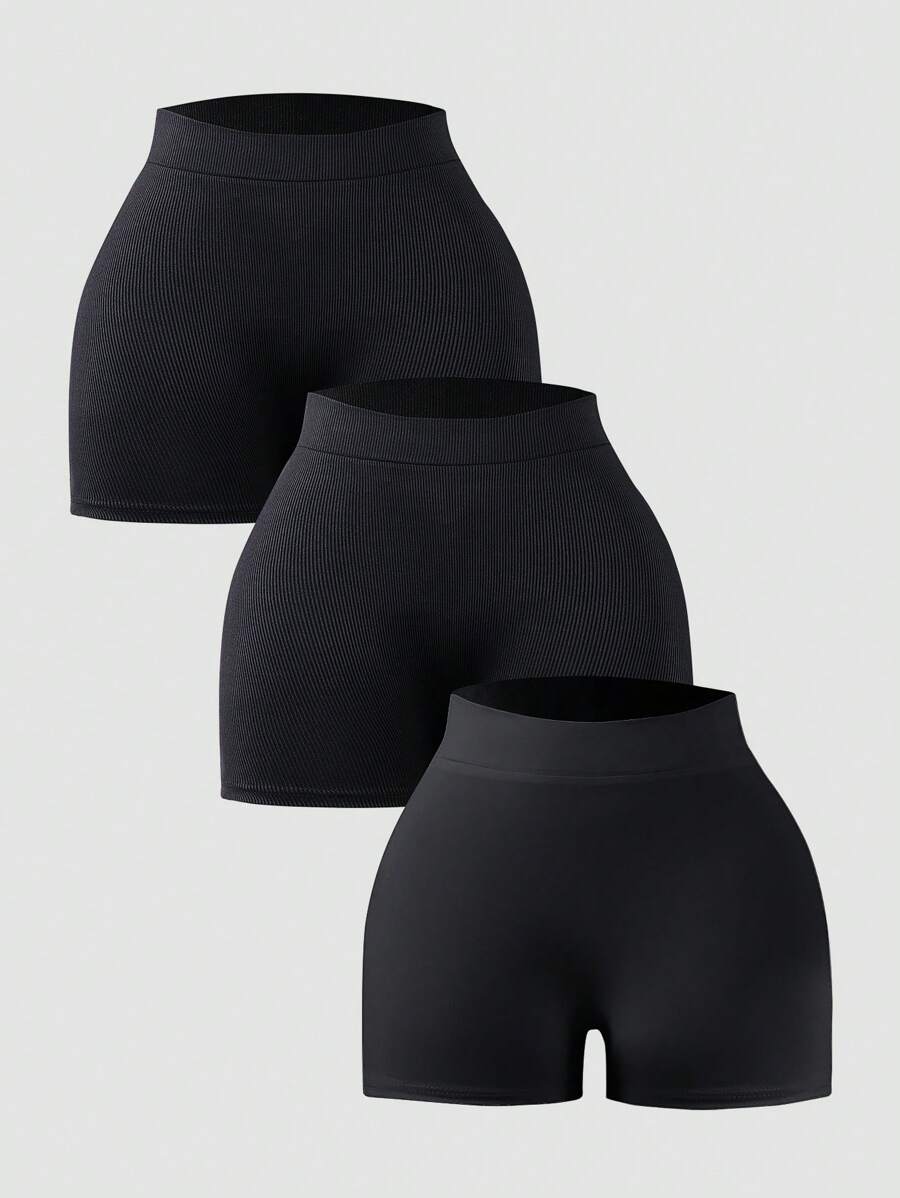 SHEIN Sparklyn Set de 3 shorts informales de punto acanalado negros para adolescentes, con cintura elástica, unicolor y talle alto, aptos para uso deportivo o diario, se pueden usar por dentro o por fuera - Negro - Ver 1