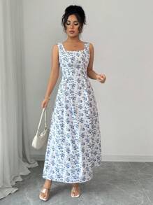 Rafferiza Square Neck Sleeveless Pastoral Style Long Women's Dress Female Beach Wear Women's Casual Dress