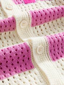 ROMWE MEN Casual Men's Preppy Loose Drop Shoulder Hollow Stripe Single-Breasted Knit Vacation Sweater - Pink - View 4