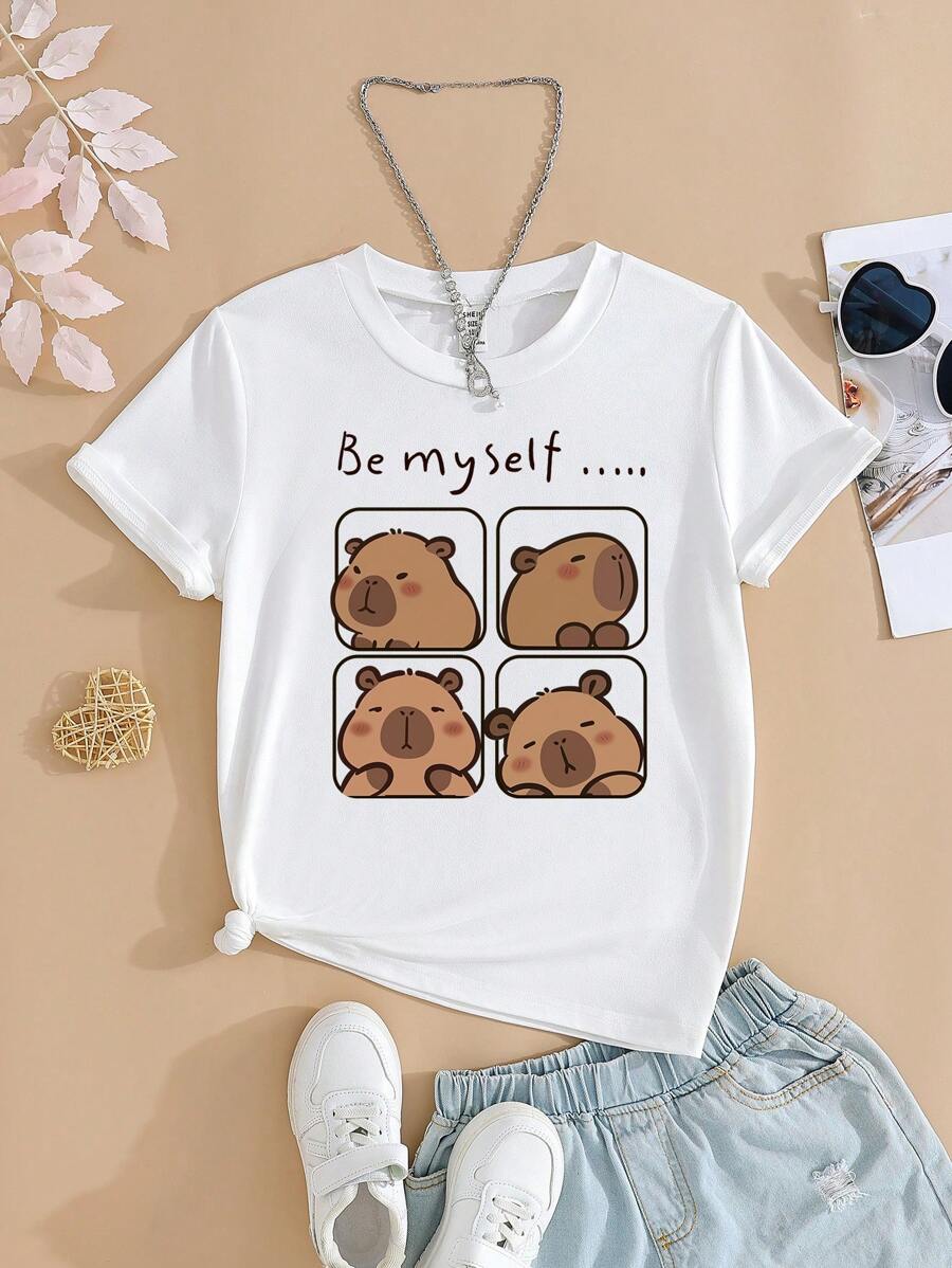 SHEIN 夏季女童休闲短袖卡通字母印花T恤 - 白色 - 查看 1