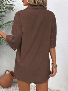 SHEIN LUNE 2件大码女式宽松休闲纯色衬衫套装 - 棕色 - 查看 2