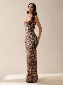 SHEIN Tall 女士长款休闲连衣裙，简约时尚豹纹吊带，日常穿着 - 棕色 - 查看 5