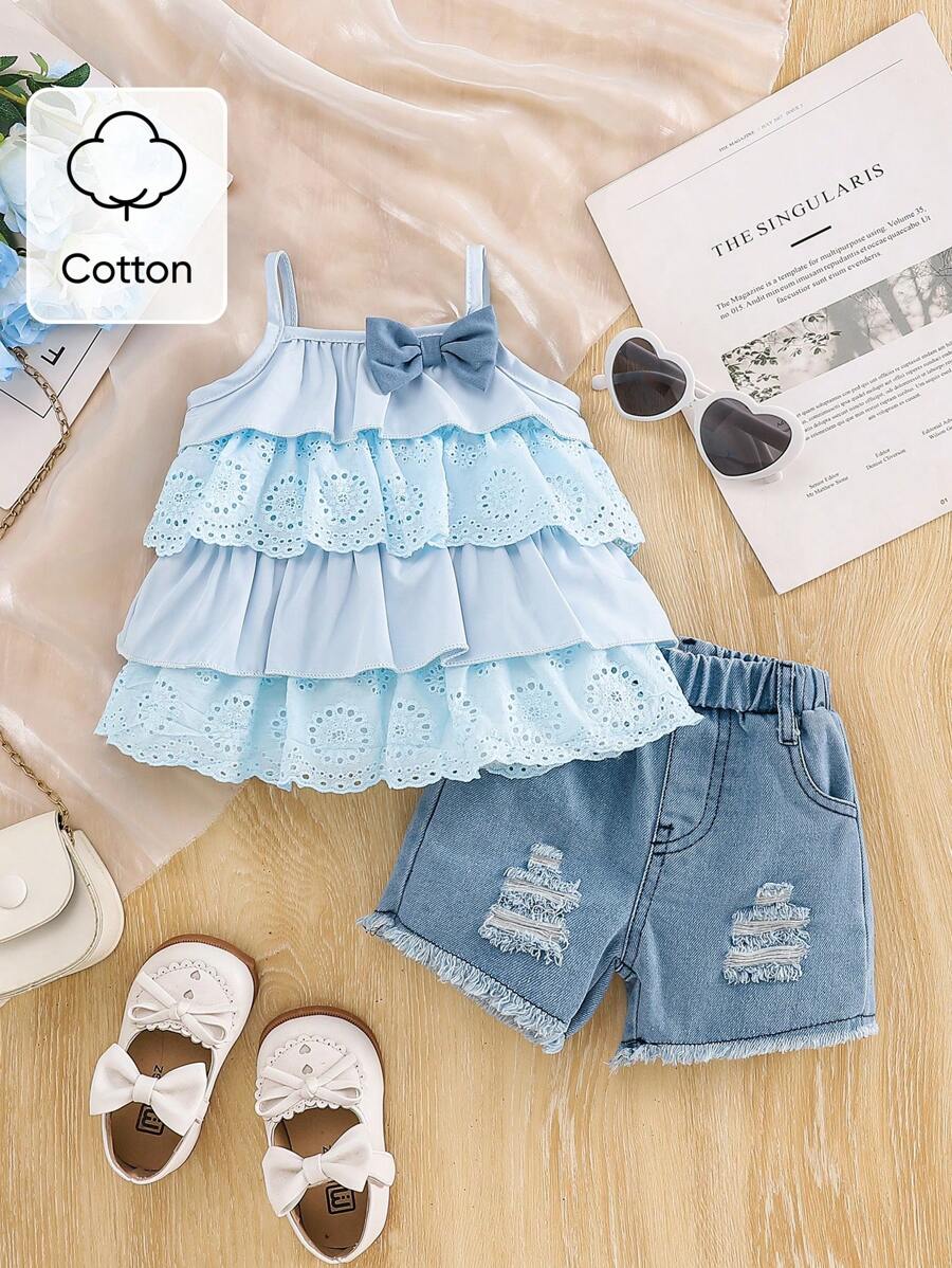 SHEIN Vintaside Kids 2件套女婴吊带蛋糕上衣+牛仔短裤套装，夏季 - 藍色 - 查看 1