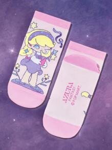 Pop Mart Azura X SHEIN 5 Pairs Cartoon Pattern Fashionable Cute Macaron Color Fantasy Soft And Breathable Moisture-Wicking Women Elastic Ankle Socks, Reinforced Toe And Heel, Suitable For Spring, Summer, Autumn, Winter, Pink & Purple