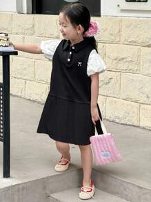 DAZY 年轻女孩拼布休闲泡泡袖蝴蝶结刺绣中长连衣裙，女孩夏季服装 - 黑色 - 查看 2