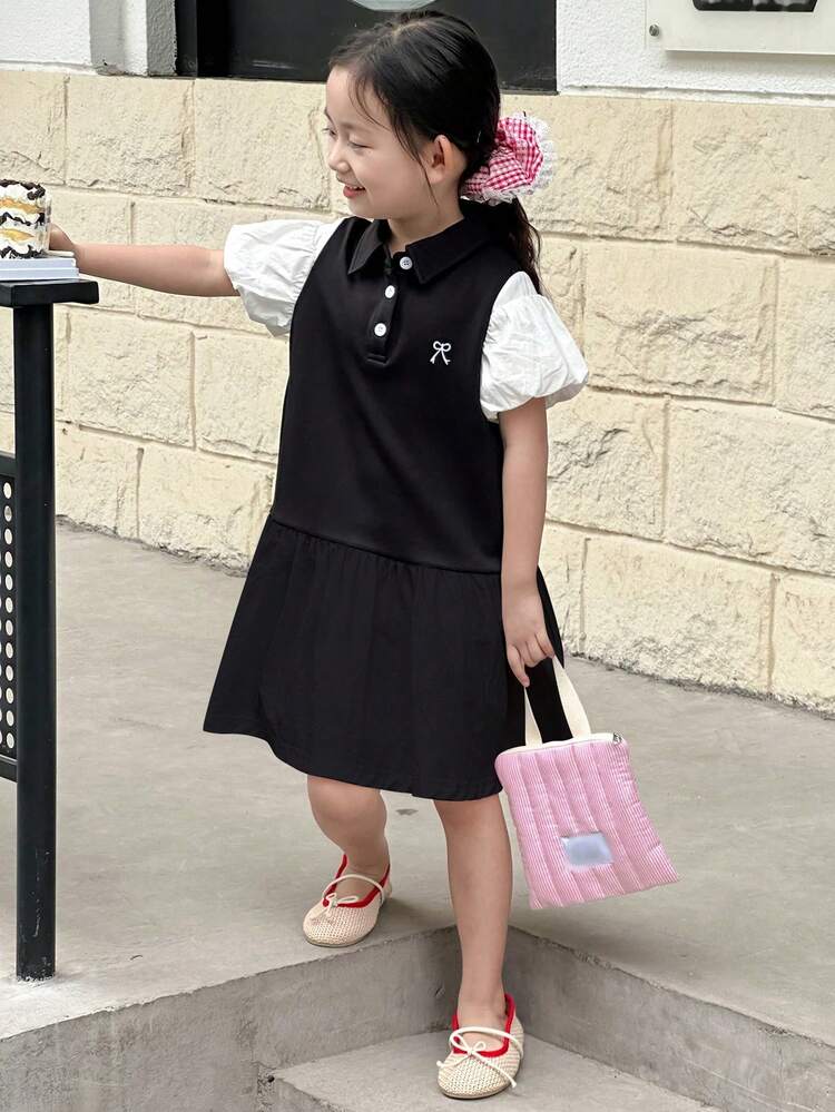 Young Girls Patchwork Casual Puff Sleeve Bow Embroidery Midi Dress,Girls Summer Outfits