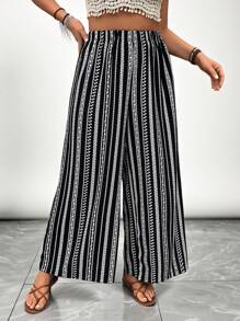SHEIN VCAY Plus Size Loose Black And White Stripe Pants, Vacation Style, Boho,Western Clothes For Women,Leisure,Vacation - Black and White - View 3