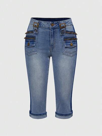 ROMWE Avant Women's Y2K Harajuku Retro Contrasting Color Zip Decor 7/8 Length Jeans