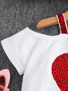 SHEIN Ärmlös, enfärgad, avslappnad t-shirt för ung flicka, pärlbroderi, mamma och jag - Röd - Visa 3