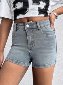 Shorts di jeans di da ragazza, stile boho vintage lavato, in denim azzurro chiaro ad alta elasticità, adatto per abbigliamento da ragazza, costumi e abiti di uso quotidiano primavera estate, outfit casual e da vacanza per ragazze