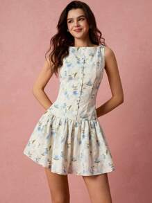 Enchnt Vestido mini de mujer con estampado floral elegante y romántico, sin mangas y con botones