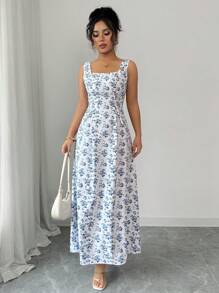 Rafferiza Square Neck Sleeveless Pastoral Style Long Women's Dress Female Beach Wear Women's Casual Dress