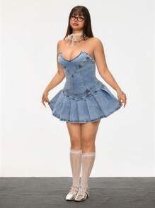 SHEIN ICON Plus Size Women's Summer Ruffled Hem Strapless Denim Dress - Blue - View 7