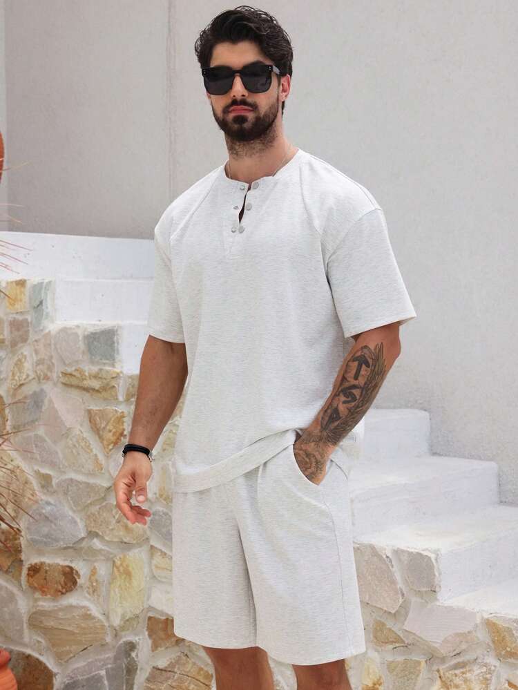 Men's Solid Gray Textured Fabric Henley T-Shirt Set, Summer